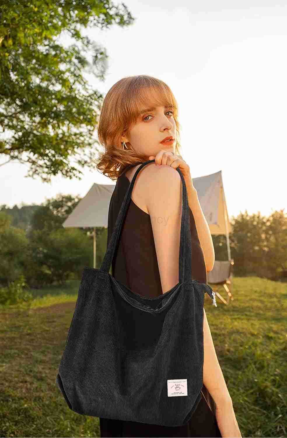 Women Corduroy Tote Bag Zipper Casual Totes Handbag Big Capacity Shoulder Bag with PocketsW250904