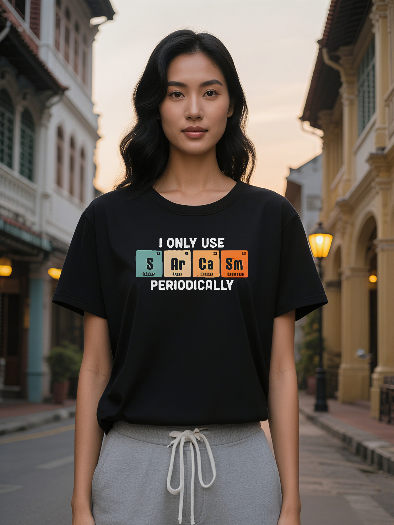 Large XL Casual Print T-Shirt I Only Use Periodically Science Humor Design with Element Symbols Black Round Neck Summer Tee Plus size