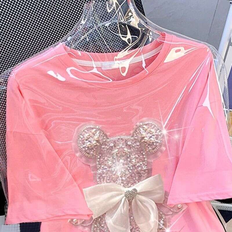 Women's Clothing Goods Three Dimensional Dia Sequin Embroidery Cartoon Short Sleeved T Shirt For Women Summer Loose Fashion Age Reducing Tops