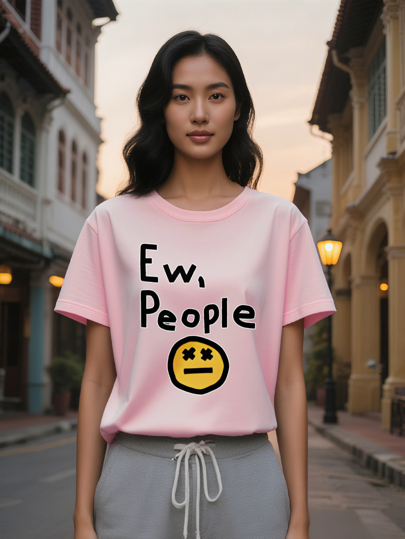Lady Casual Graphic Print T-Shirt EW People Text Yellow Joyful Face Design with Lines Black Round Neck Summer Tee