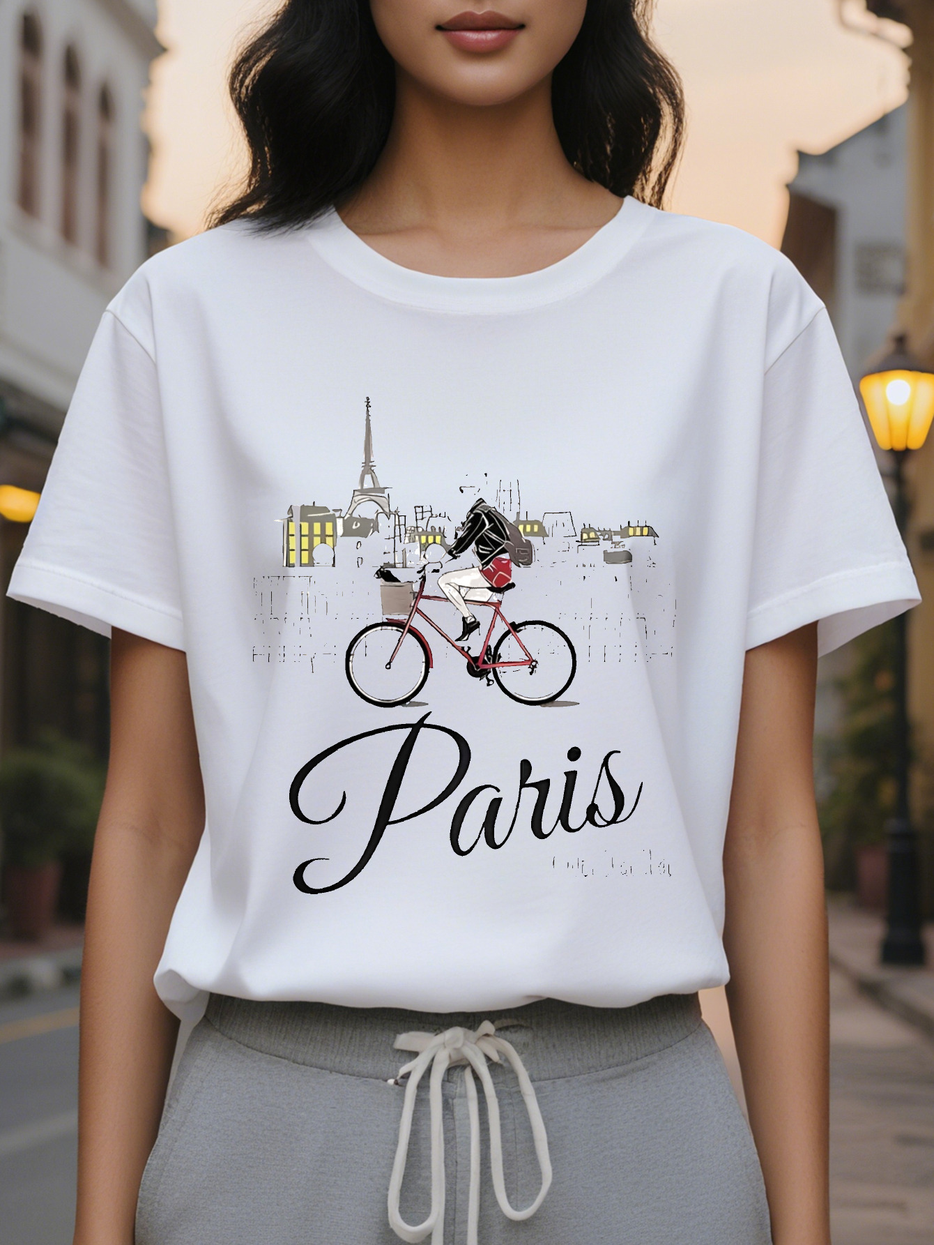 Paris Printed T-Shirt, Round Neck, Casual Top, Suitable for Autumn and Winter Season, Women's Clothing