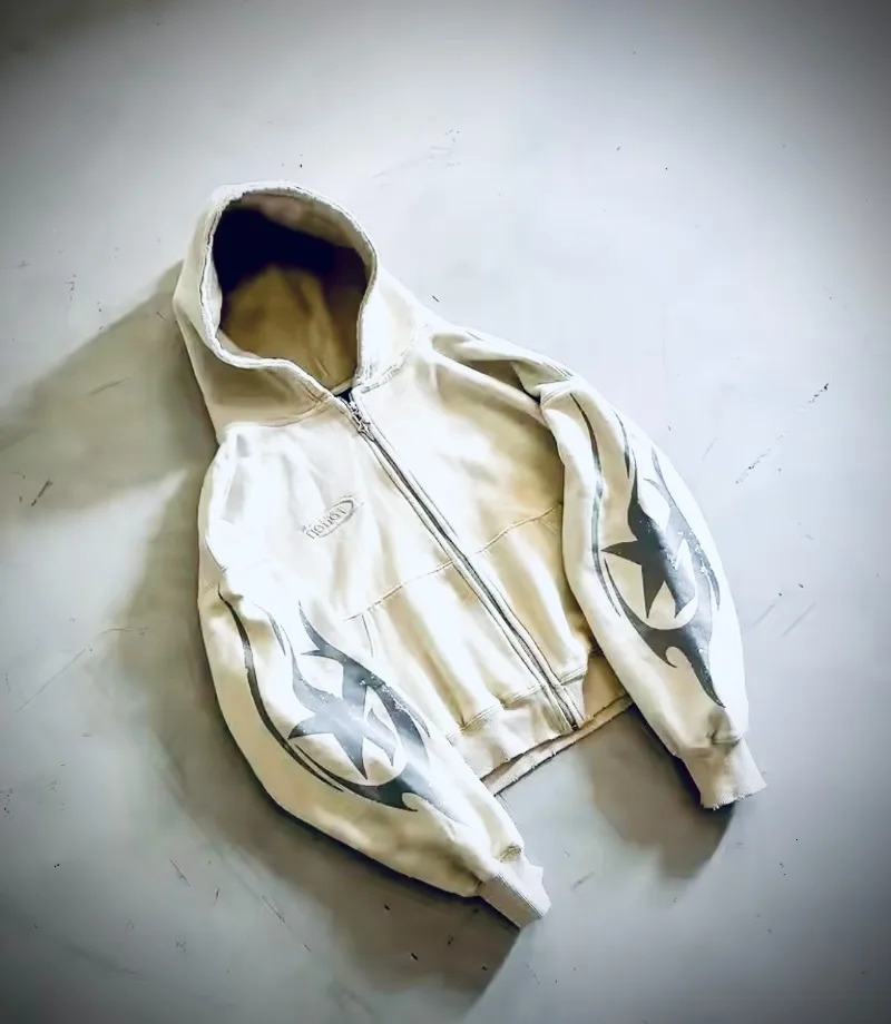 Harajuku High Street Trendy Printed Zipper Hoodie Men Y2K American Clothing Fashionable Super Sweatshirt 250904