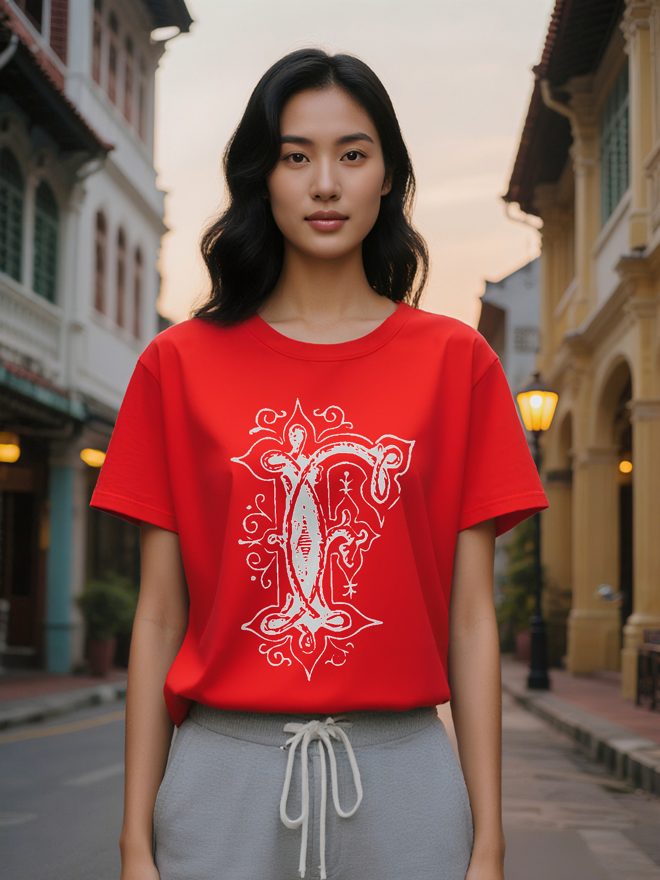 Large XL Women's Casual Short Sleeve T-Shirt with White Ornate Baroque Print Black Round Neck Summer Top Breathable Regular Fit Plus Size