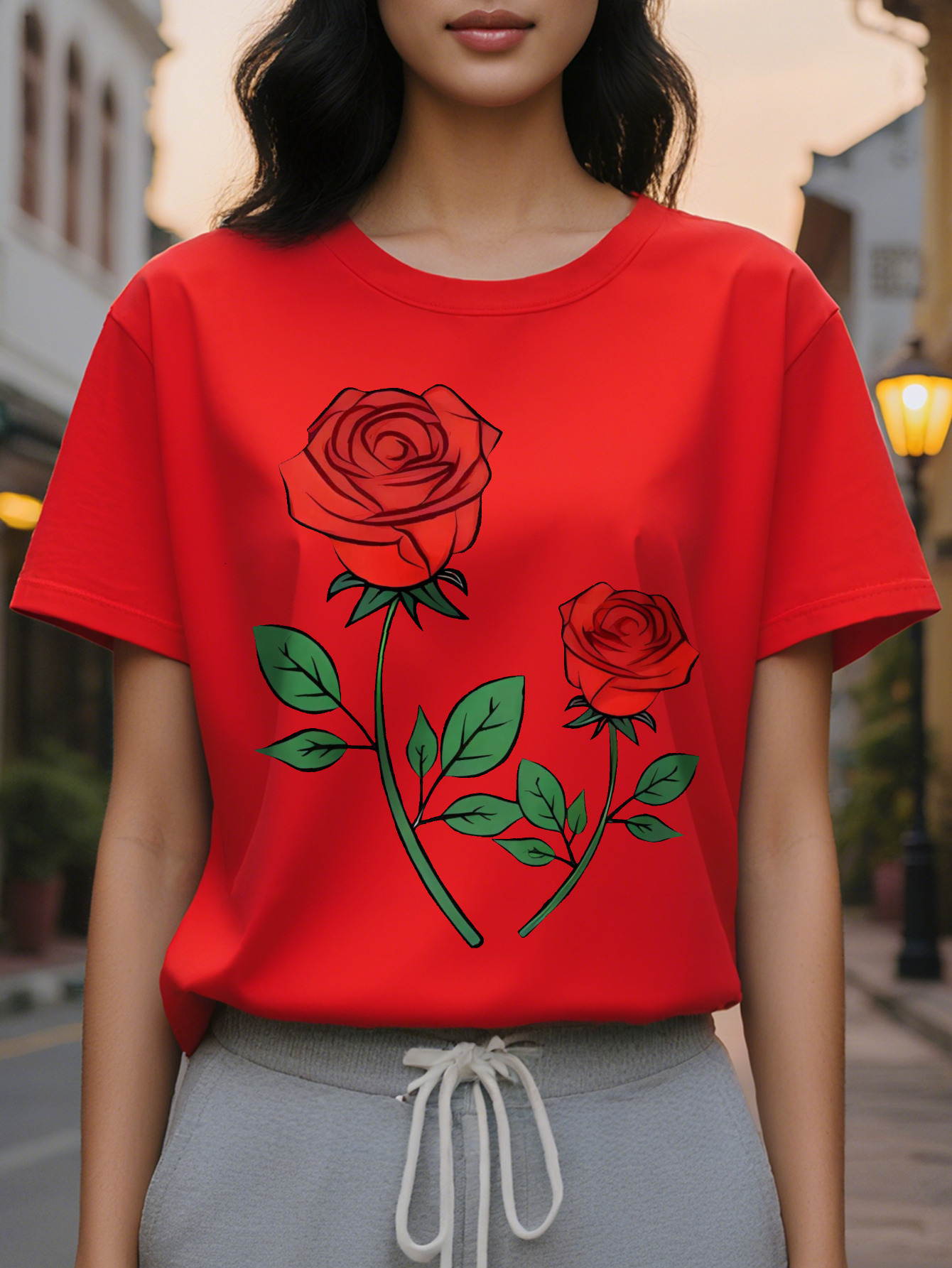 ibrant Rose Print Crew Neck T Shirt Soft Breathable Short Sleeve Casual Top Spring Summer Women s Comfortable