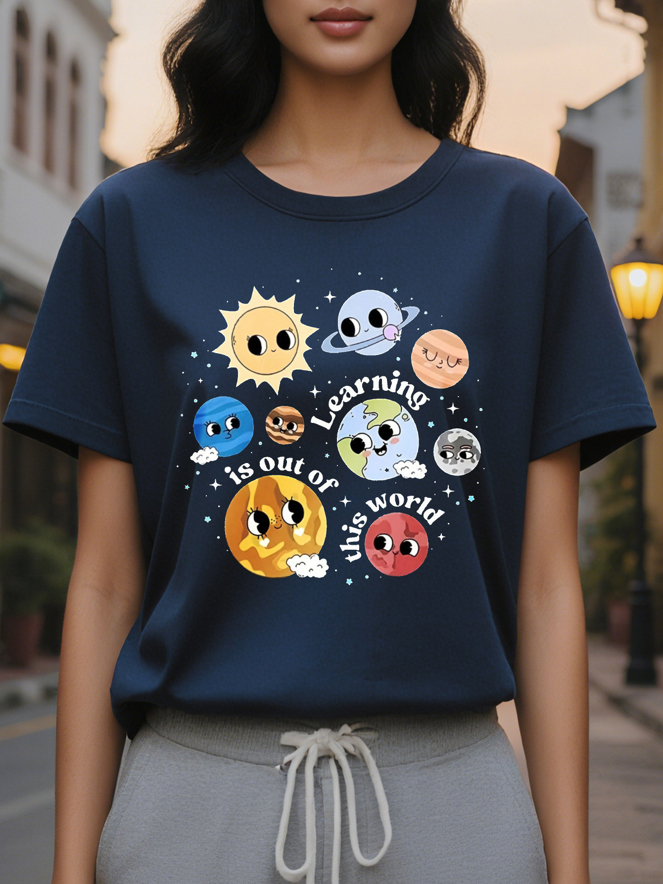 Planet Print Crew Neck T-shirt Short Sleeve Casual Top for Spring Summer Women's Clothing