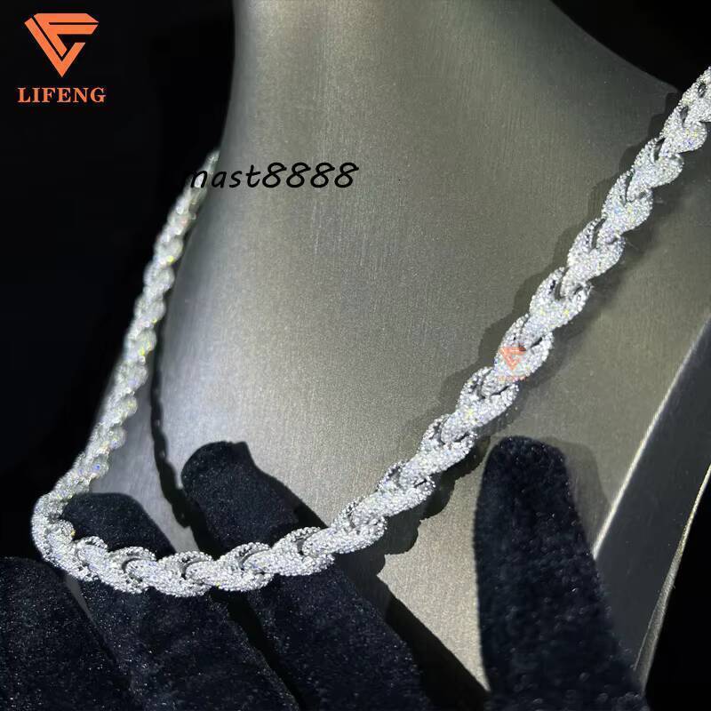 Hip Hop Jewelry Custom 8mm 925 Sterling Silver Vvs Moissanite Diamond White Gold Plated Iced Out Rope Chain Necklace for Men