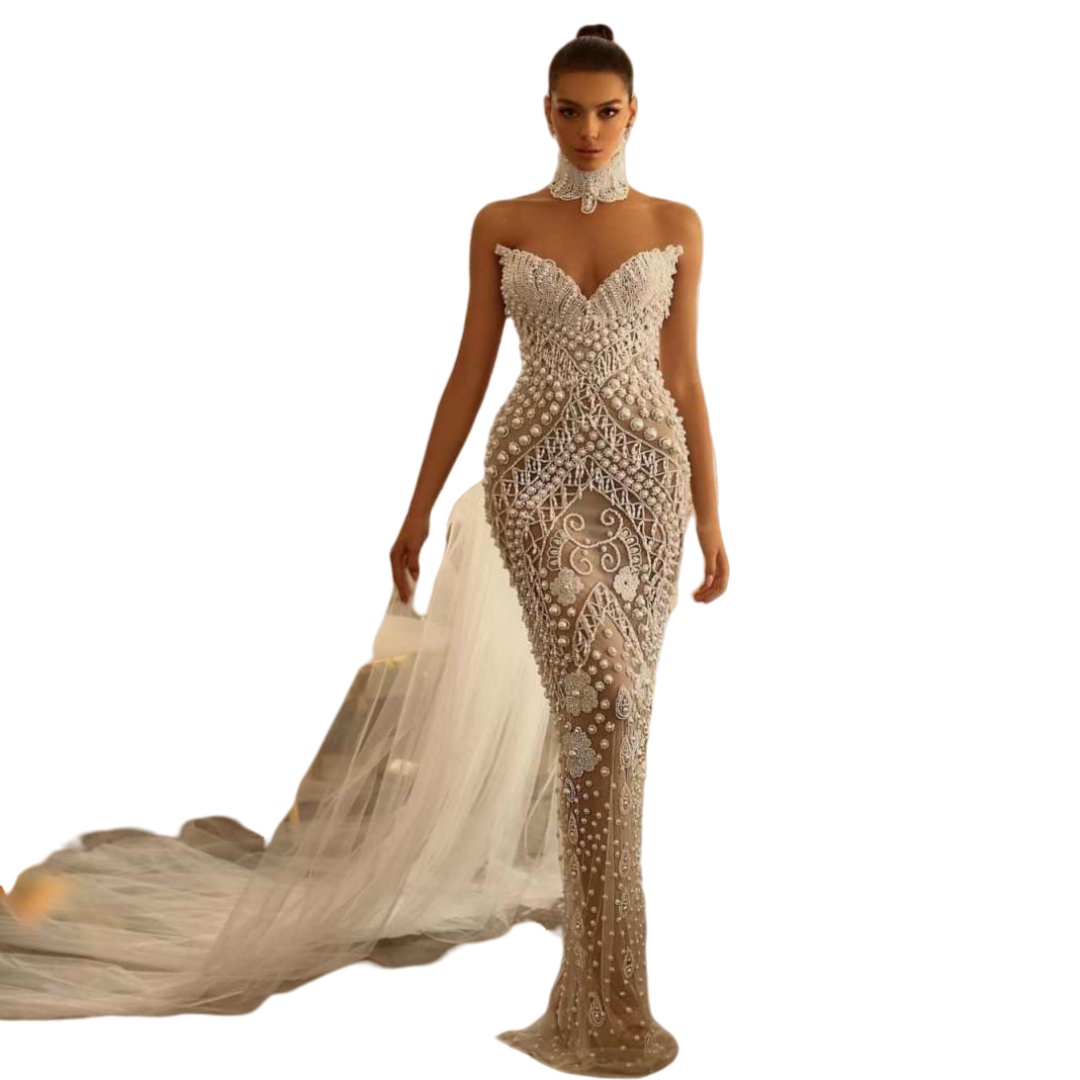 Exquisite Sweetheart Pearls Sheath Wedding Dress Beaded Sleeveless Lace Bridal Dress Floor Length Customized vestidos de novia