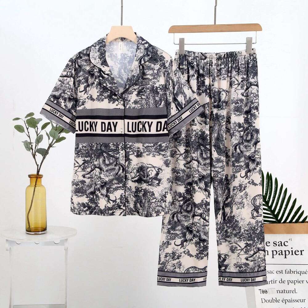 Women's New Spring and Fall Ice Silk Pajamas Home Style Suit Girl Ink Printing Silk Pajamas Ins Advanced Sense of Homewear Designer Clothes