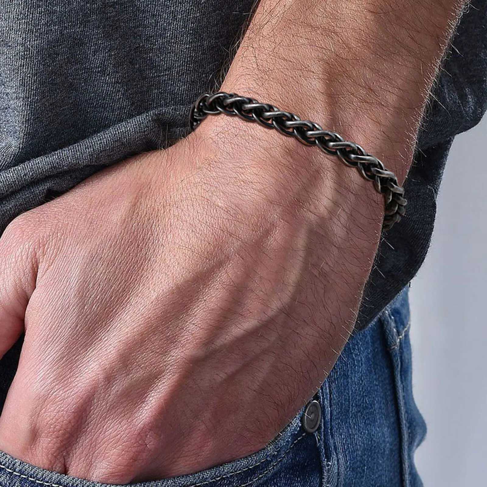 50pcs Retro Round Interlaced Cuban Link Chain Bracelets Mens Antique Stainless Steel Wristband Wheat Spike Chain Jewelry Y250904