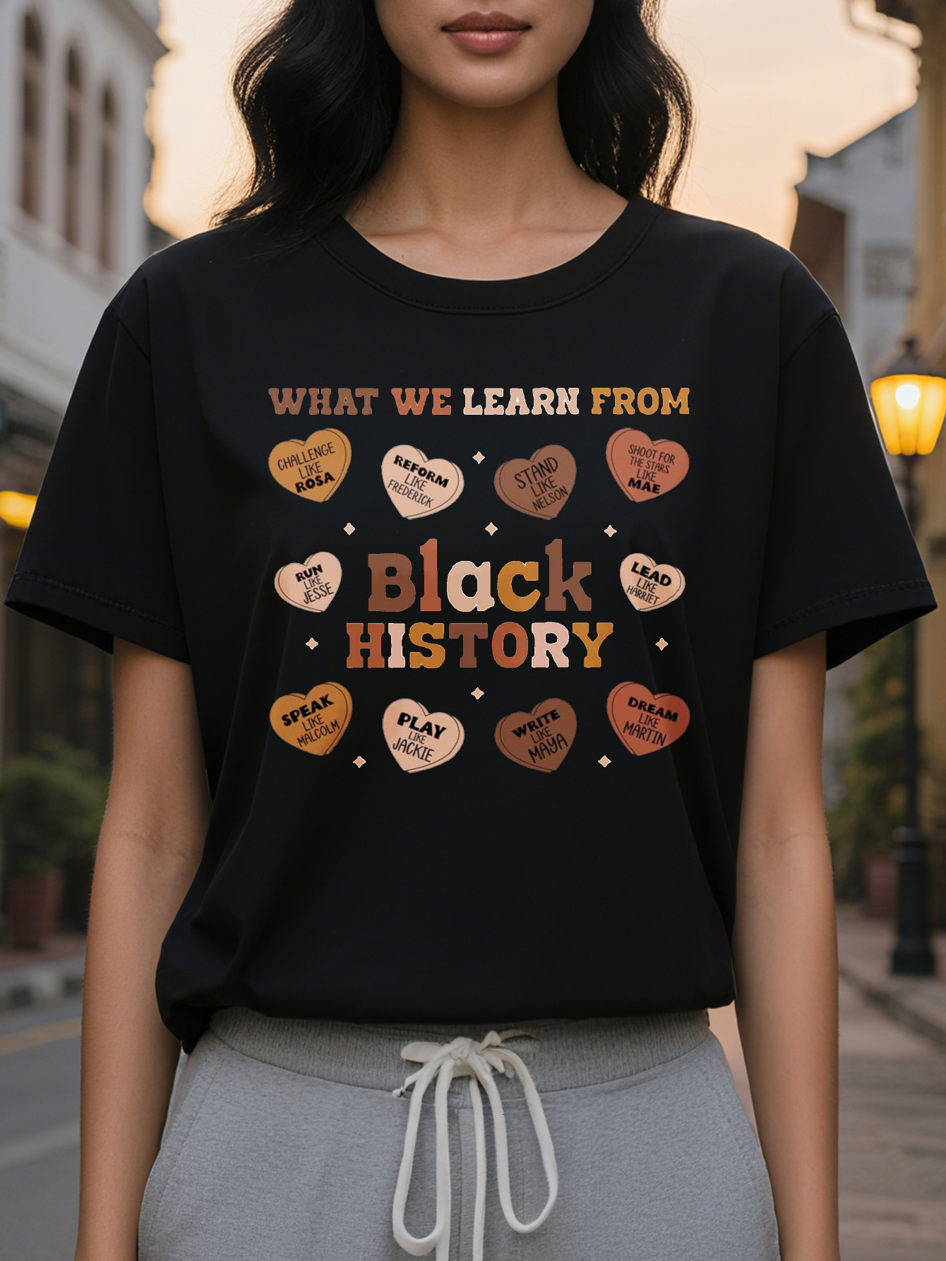 Black historical T-shirt, round neck sleeve, casual top, elegant autumn and winter series, letter pattern, cotton