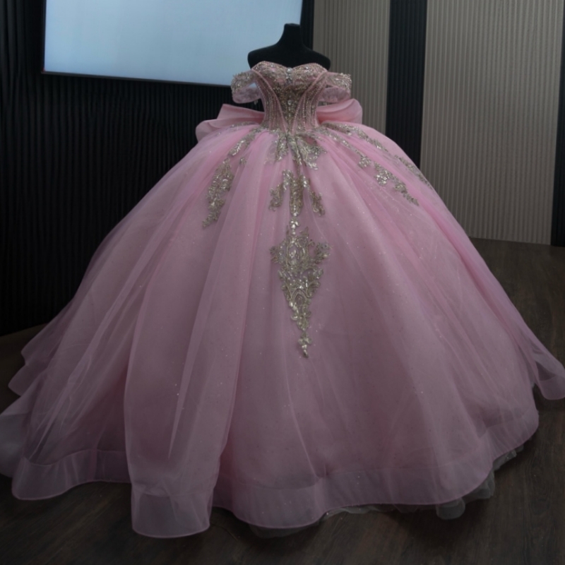 Pink Shiny Princess Off the Shoulder Sweet 16 Dress Quinceanera Dresses Gold Applique Lace Beads Bow Tull Party Birthday Vestidos 15 De Anos