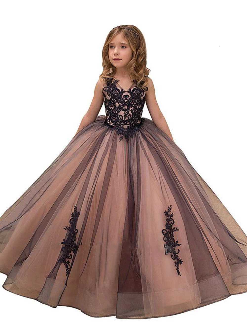 100% Cotton Linen Cotton Linen Beaded Floor Length Red Flower Girl Dresses Black Appliques Girls Pageant Dress First Communion Dresses Z250904
