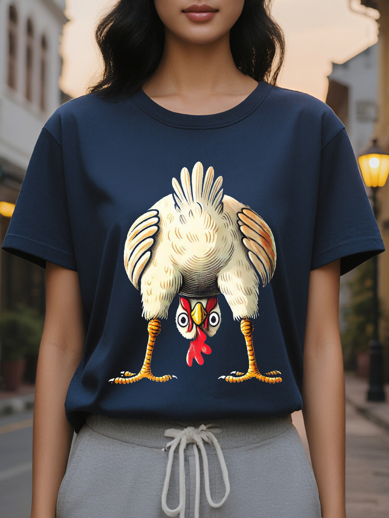 Women's Interesting Chicken Pattern Short Sleeve T-Shirt Black Round Neck Casual Jacket Cartoon Washable