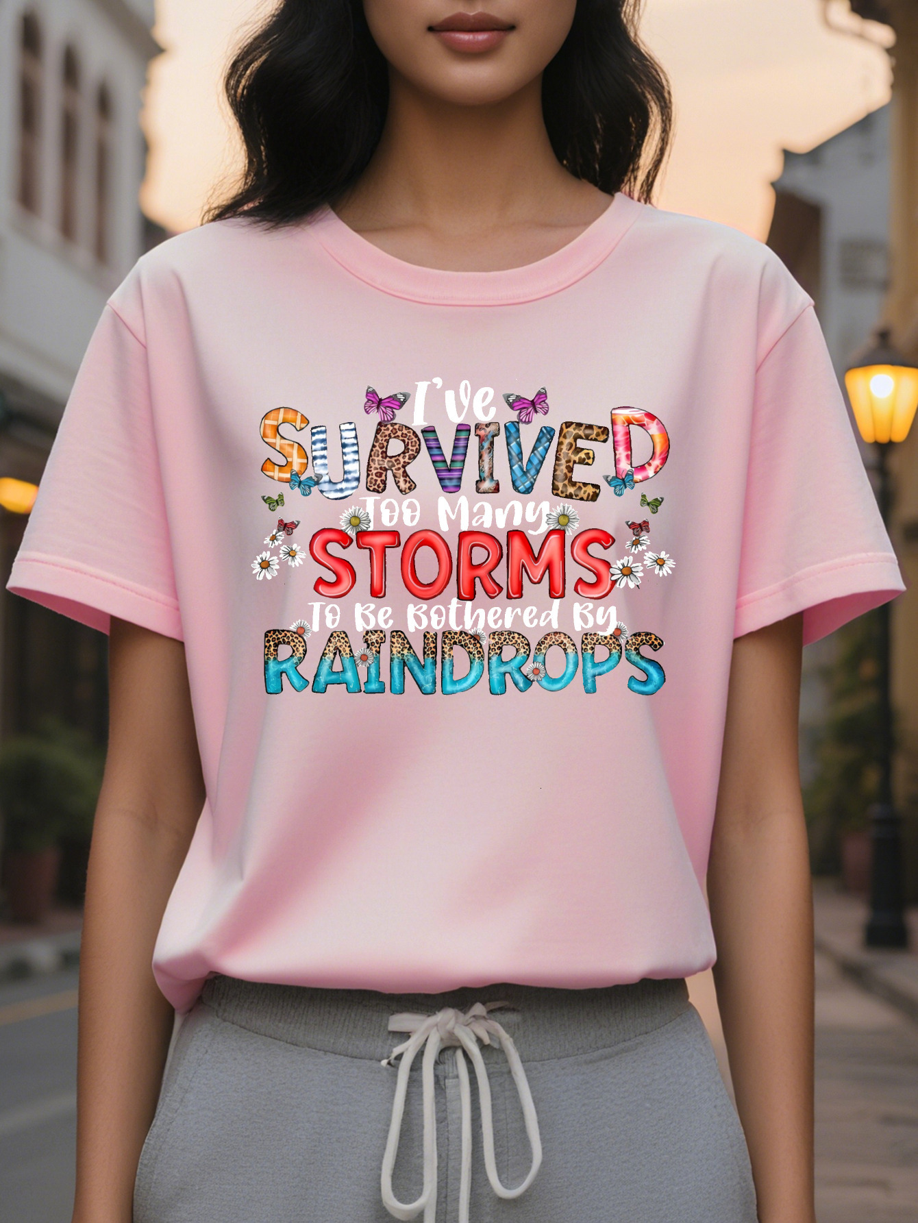 Women's I've Been Through Too Many Storms T-Shirt Black Round Neck Casual Top Colorful Letters Floral and Butterfly