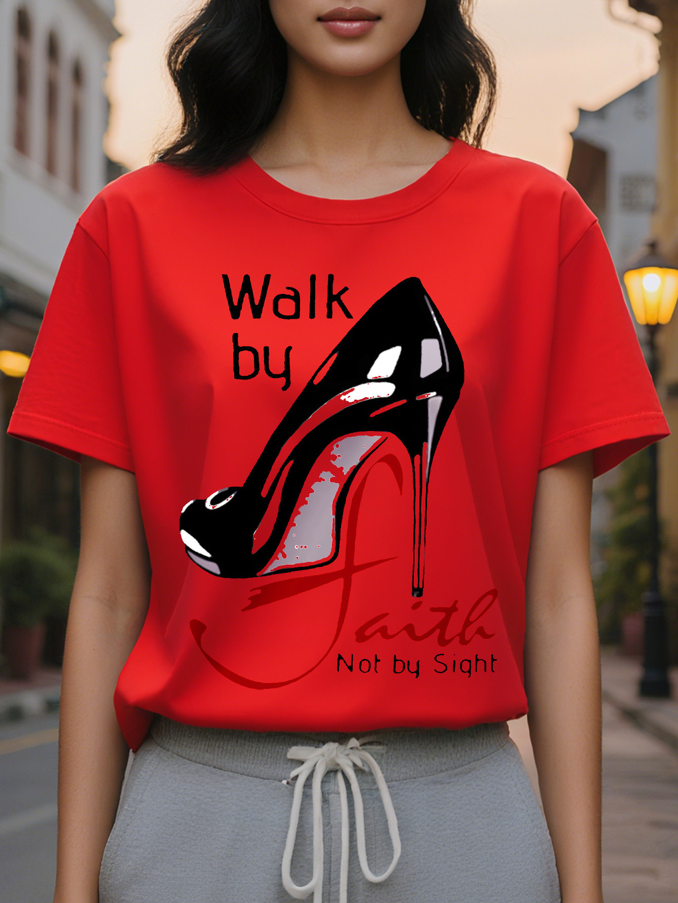 Large XL Walk by Faith Graphic Tee Soft Mid Elasticity Cotton Crew Neck Short Sleeve Top SpringSummer Regular Length hine Plus Size