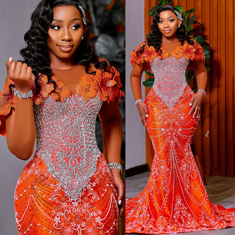 Mermaid Orange Prom Dress 2025 Evening Dresses Elegant Dresses For Special Occasions Illusion Beaded Lace Sheer Neck Birthday Dress Second Reception G