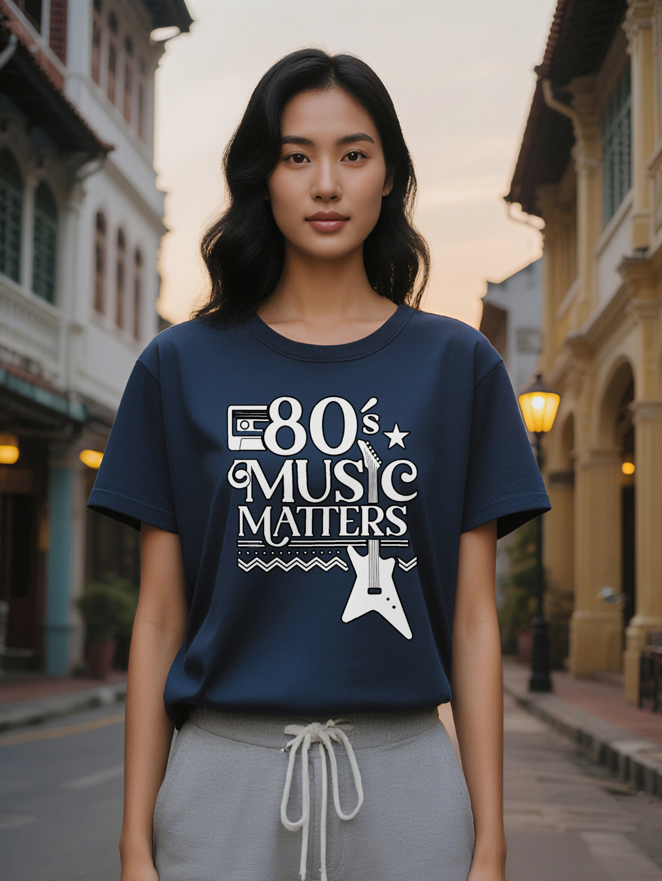 Lady Crew Neck T-Shirt with S Graphic Matters Design Guitar Star Motifs Lightweight Stretchy Perfect for