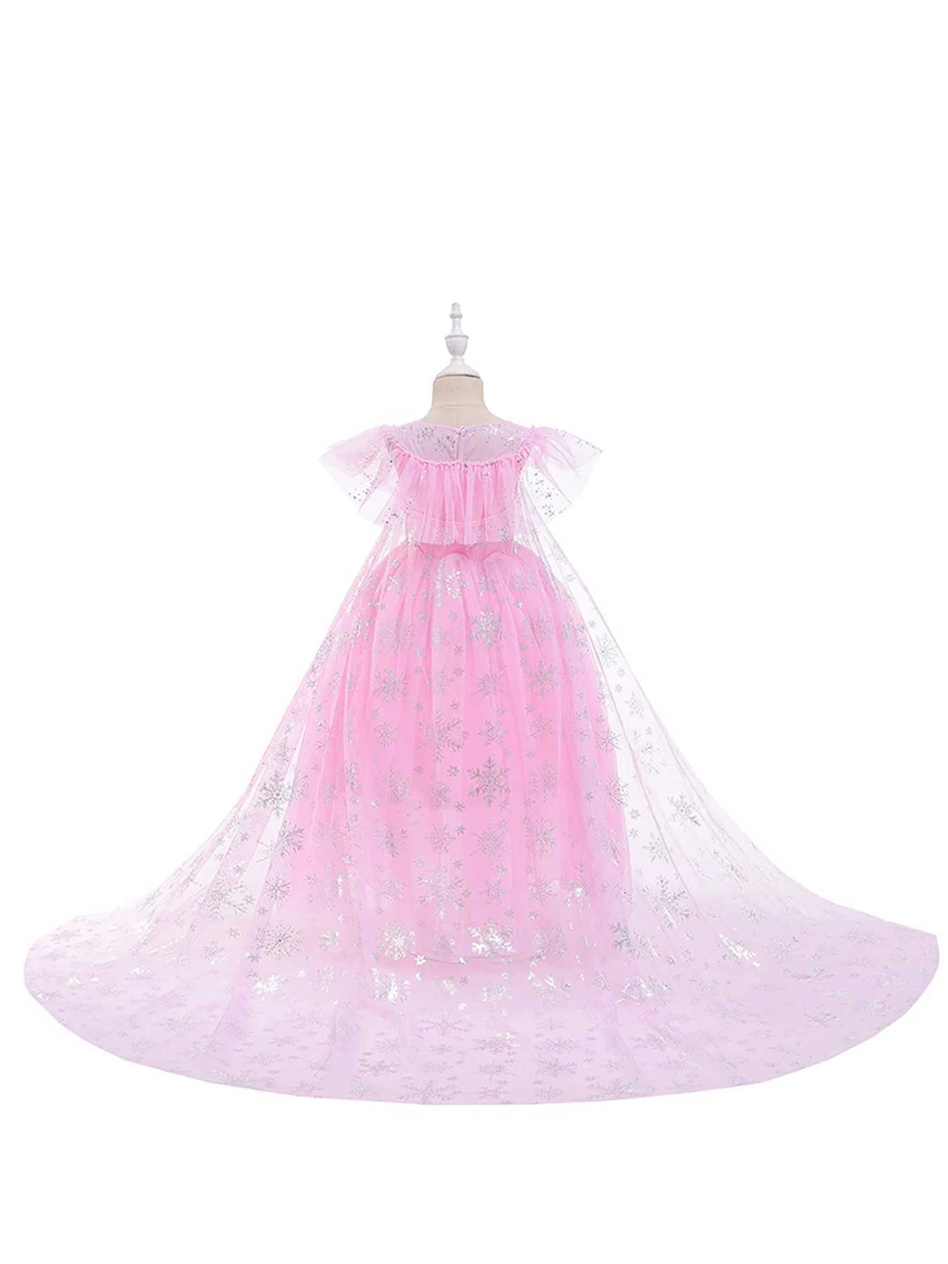 Girls Pink Sequined Mesh Princess Dress Mesh Short Sleeves with Cape Suitable for ParTY Performance Carnival Dress Z250904