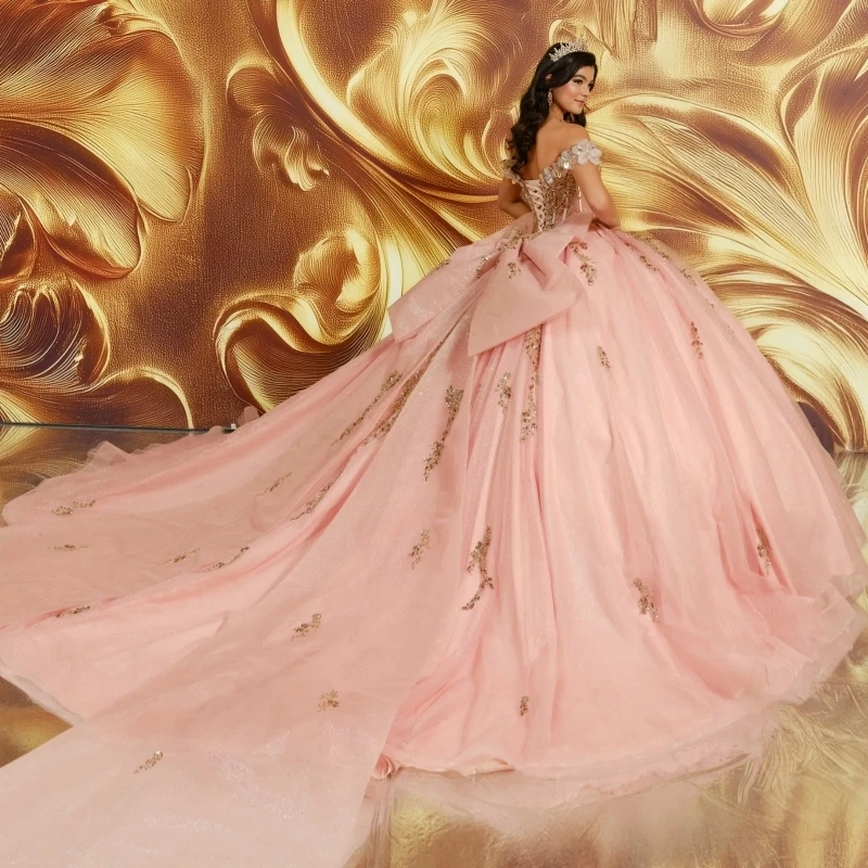 Pink Shiny Quinceanera Dresses Ball Gown Off The Shoulder Gold Applique Beading Crystal Bow Corset Tull Sweet 16 Dress Vestidos 15 De Anos