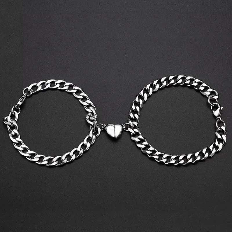 Pcs Punk Paired Couple Bracelet For Women Stainl Steel Magnetic Silver Color Best Friend Cuban Chains Jewelry GiftXJ250904