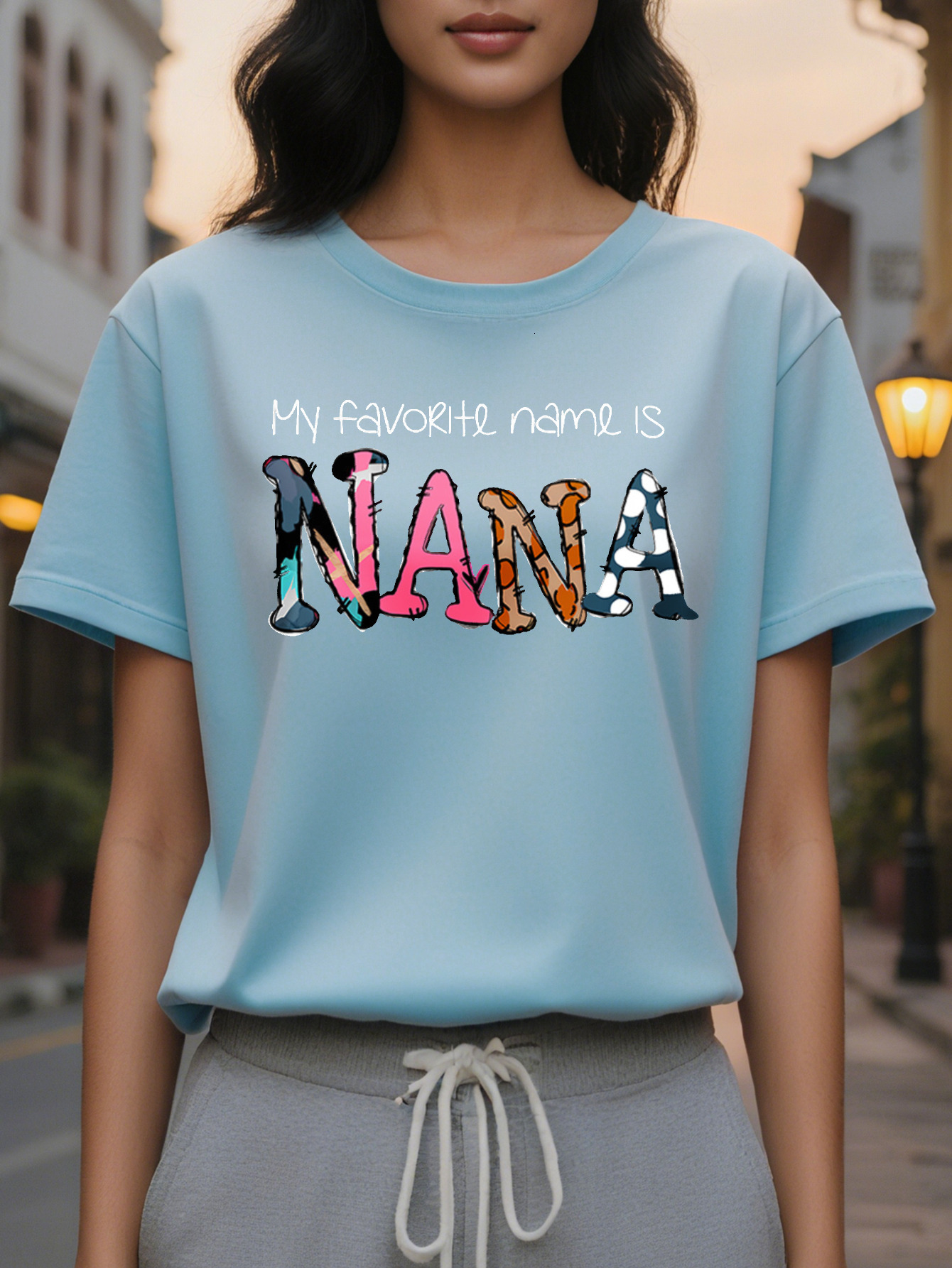 Women's casual sleeve T-shirt printed with the word NANA, spring and autumn slim top cotton