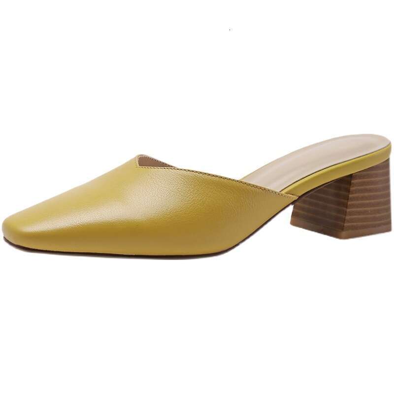 Chunky Heel Half Slippers Women, New Designer Shoe Summer Style, Mid Heel, Squ Toe Sandals, Backless Mules for Outdoor Wear