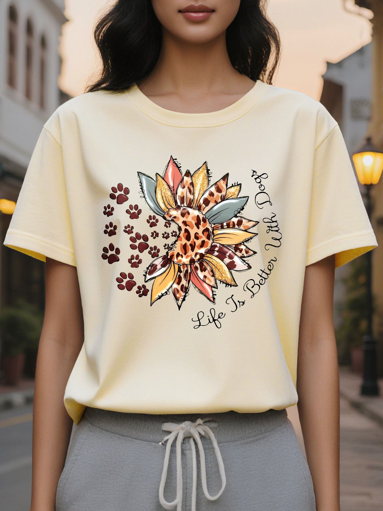 Women s Olive Green Suower Leopard Paw Print T Shirt Life is Better with Her Graphic Soft Stretch Round Neck Casual