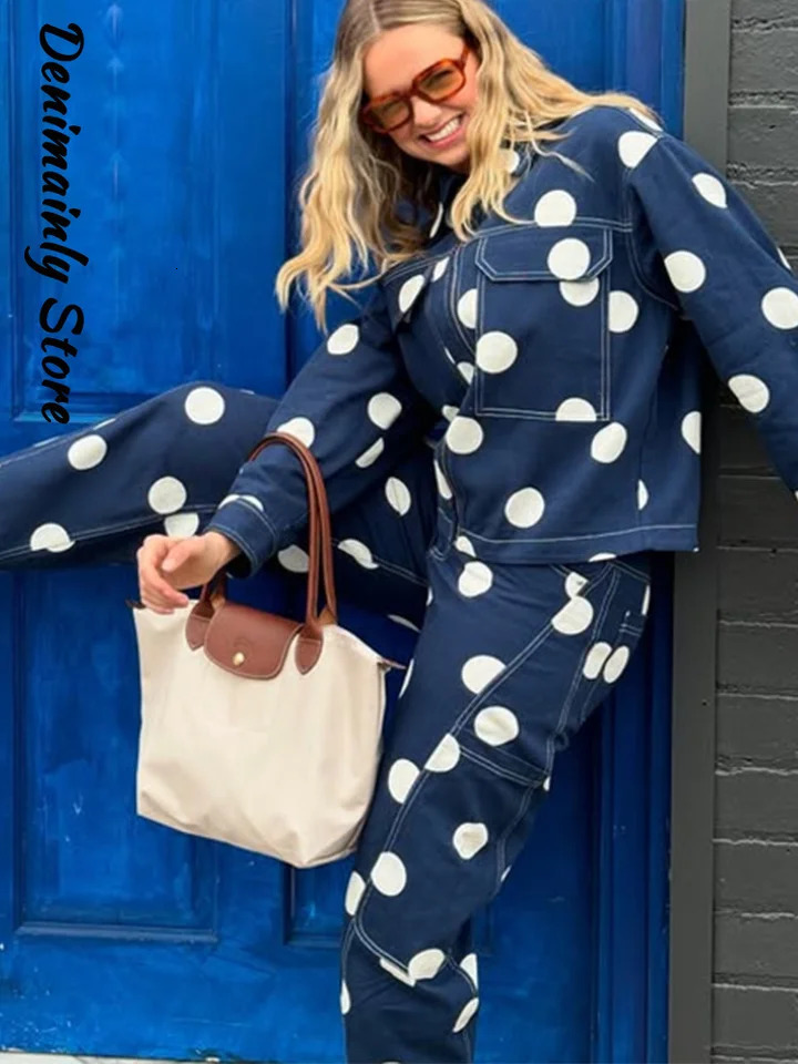 Fashion Polka Dots Blue Denim Jacket Pants Set Women Lapel Full Sleeve Zipper Top Wide Leg Trousers Autumn Lady Outfits 250904