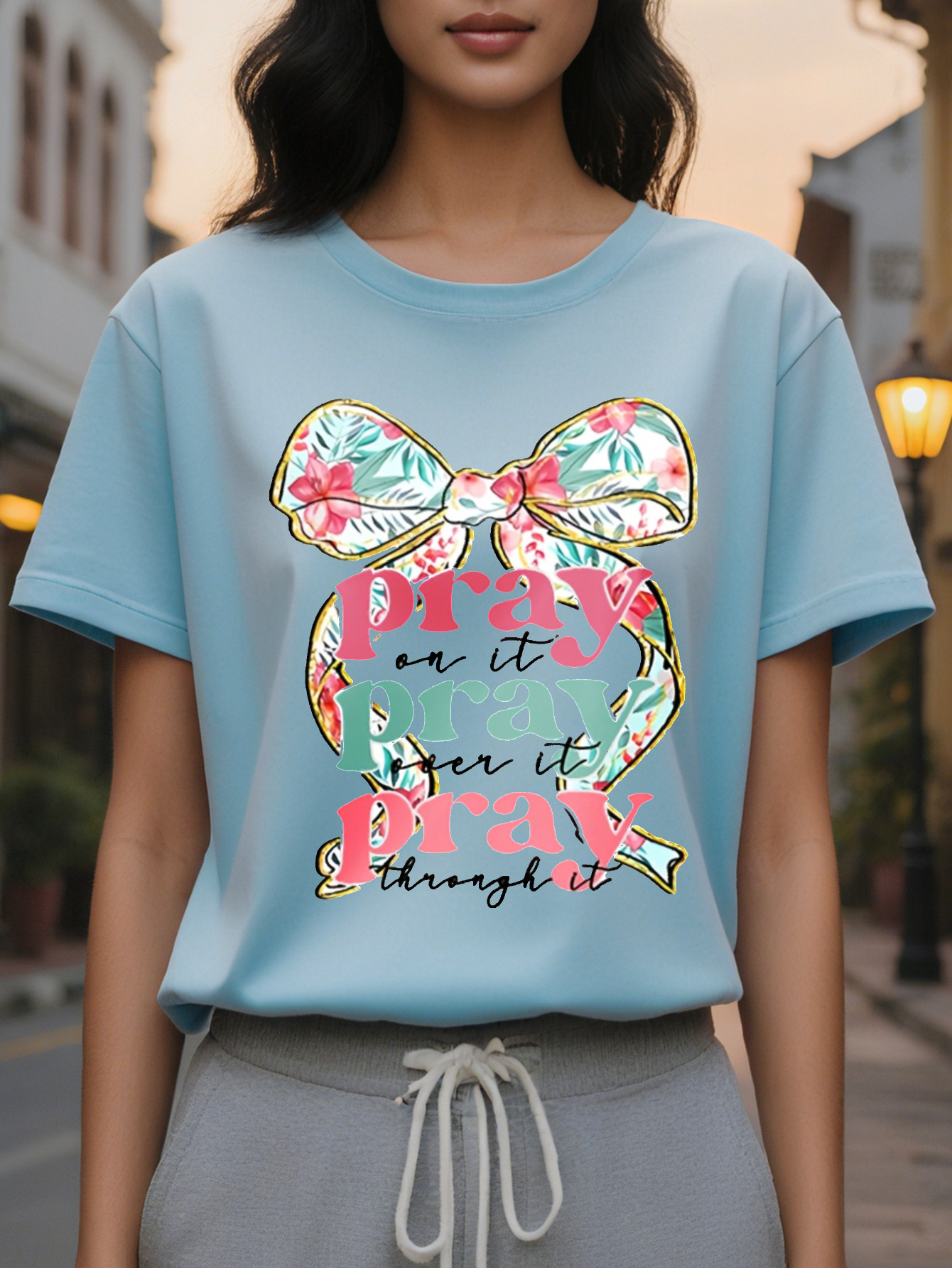 PRAY American Printed Pattern Spring and Summer New Fashion Round Neck T-shirt Slim Fit Slimming Women's Short Sleeve