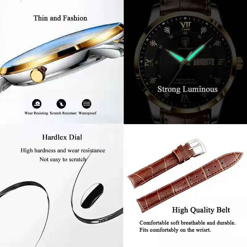 POEDAGAR Men Watches Waterproof Luminous Leather Quartz Man Wristwatch Casual Sports Military Watch For relogio 250828