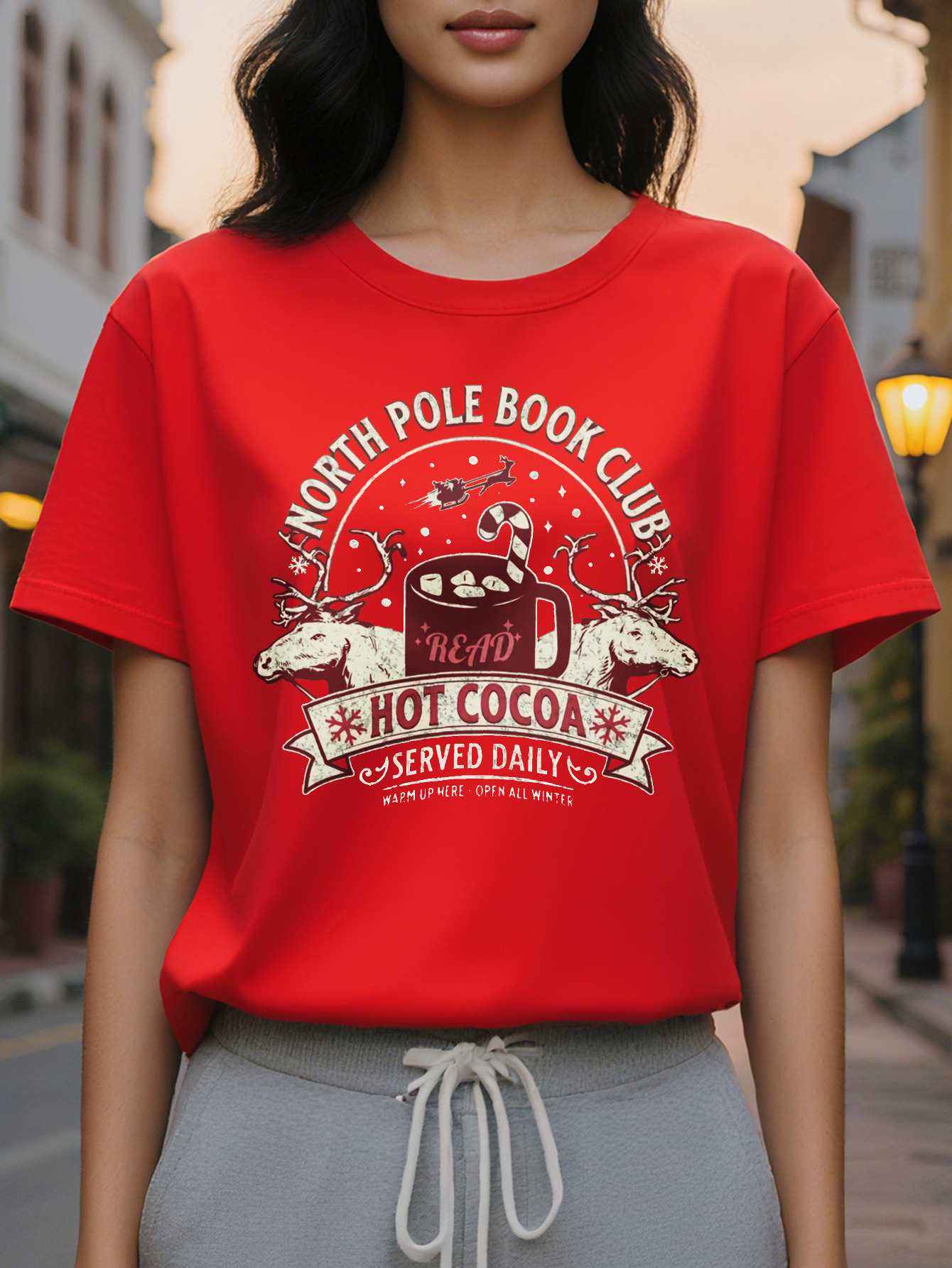 Large XL Women's Graphic T-Shirt North Pole Book Club Hot Cocoa Served Daily Vibrant Green Casual Round Neck Tee Plus Size