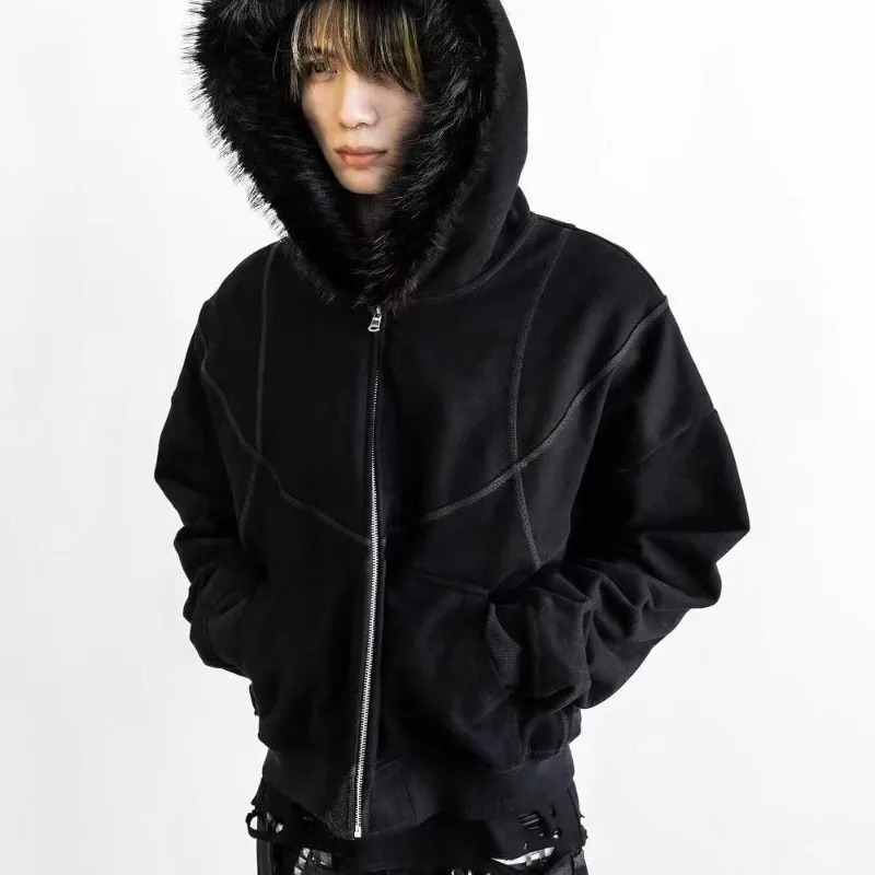 Y2K y line n high quality longsleeved fur collar hoodies women autumn and winter Harajuku trendy sweatshirts 250904