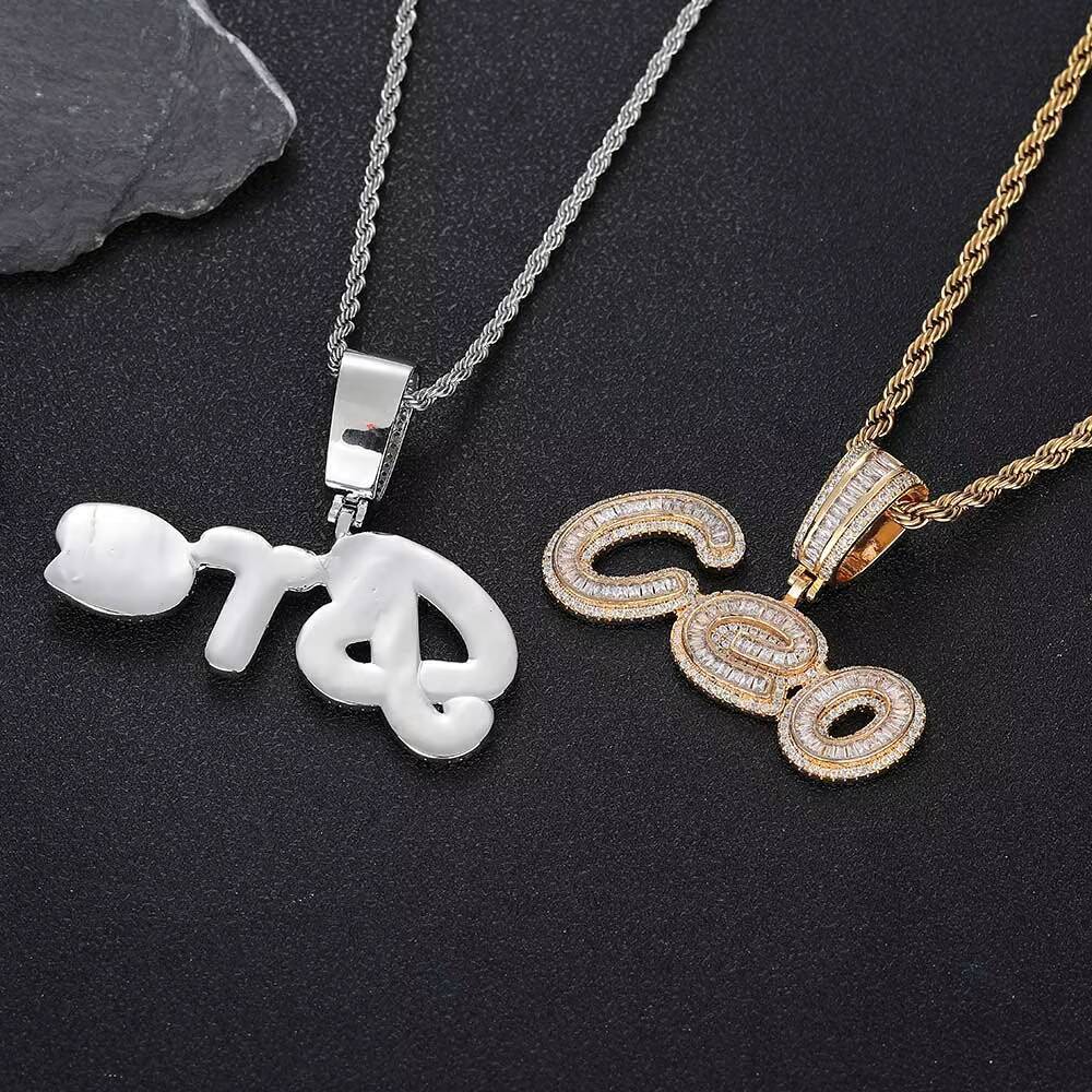 Nuoya Hip Hop Jewelry Personalized Custom Name Necklace Iced Out Baguette Diamond Initial Letter Pendant for Women Gift