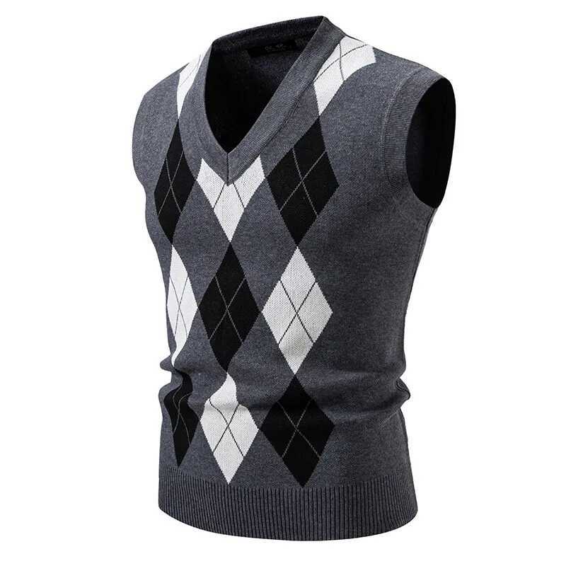 Mens Sleeveless Knit Vests Fashion Geometric Knitted Pullovers Men VNeck Smart Casual Sweater Tank Tops Knitting Mens ClothingXJ250904