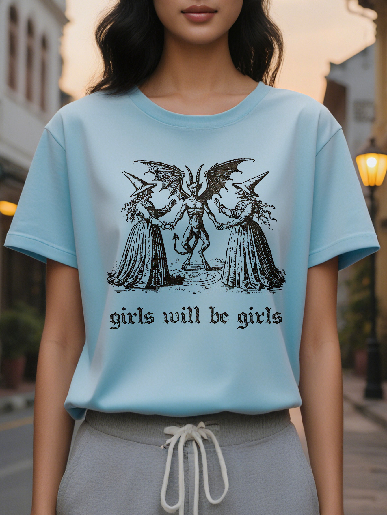 Women's T-shirt with siren design featuring golden wings and a starry sky, retro aesthetics, comfortable round neck