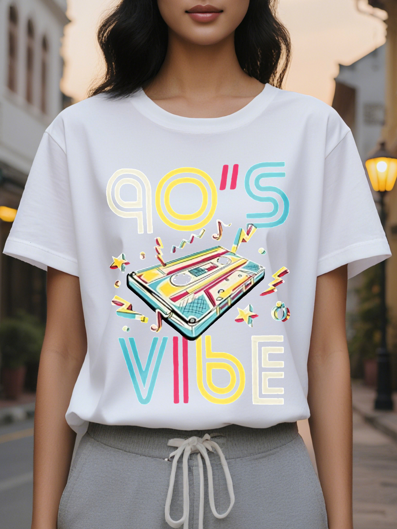 Women's Retro VIBE Graphic Sleeveless Tank Top Vintage Cassette Stars Print Round Neck Washable