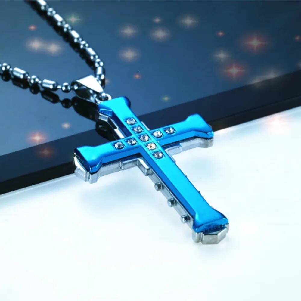 2024 New Male Crystal Jesus Gold/Black/Blue Color Zirconia Cross Pendant Necklace Stainless Steel Jewelry