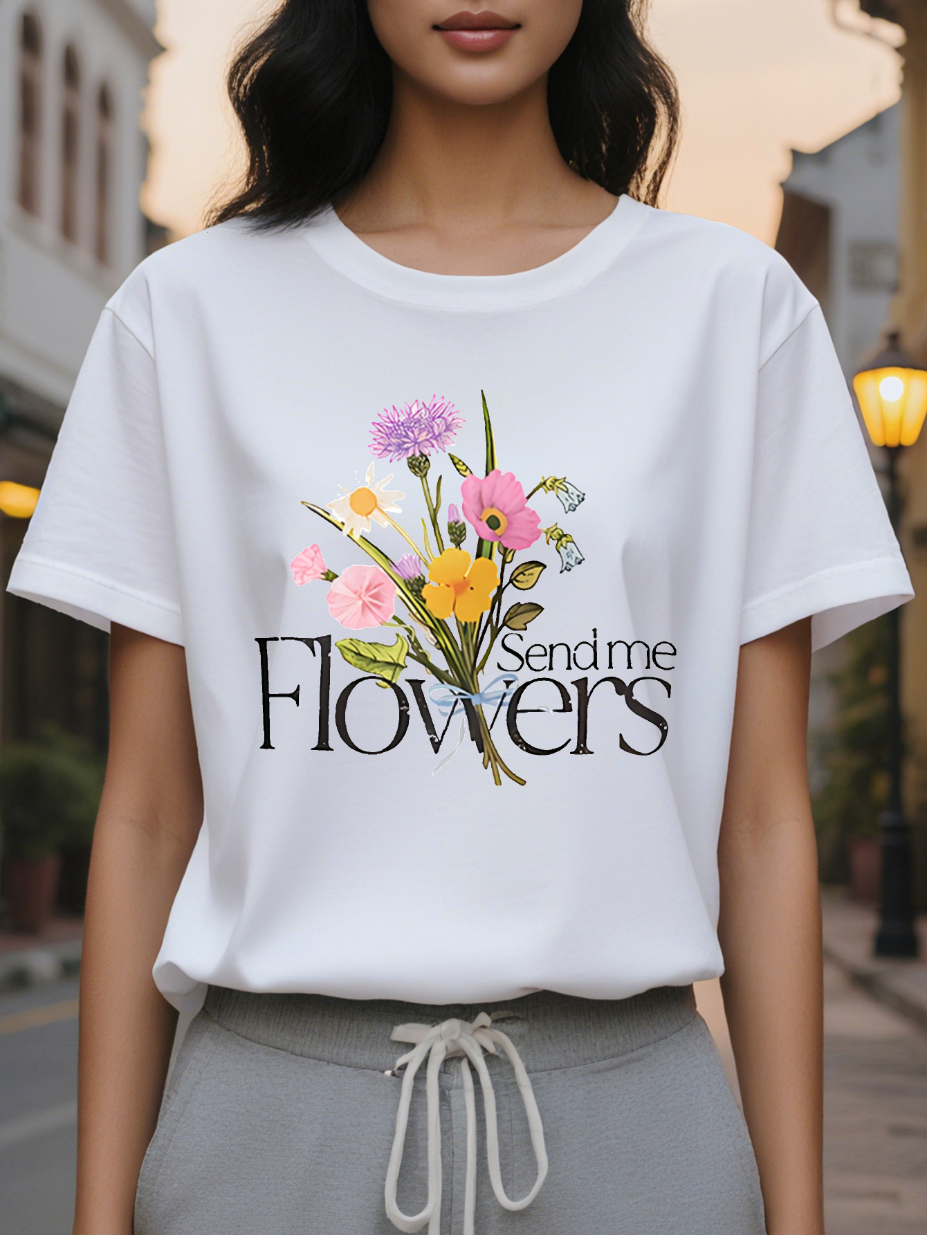 FLOWERS American Printed Pattern Spring and Summer New Fashion Round Neck T-shirt Slim Fit Slimming Women's