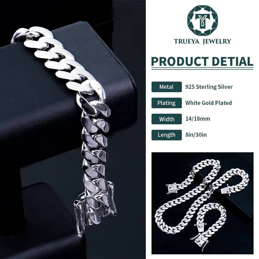 Custom Polished 925 Sterling Silver Arc Style 14mm 18mm 8in Hip Hop Plain Cuban Link Chain Necklaces Bracelets for Youngster