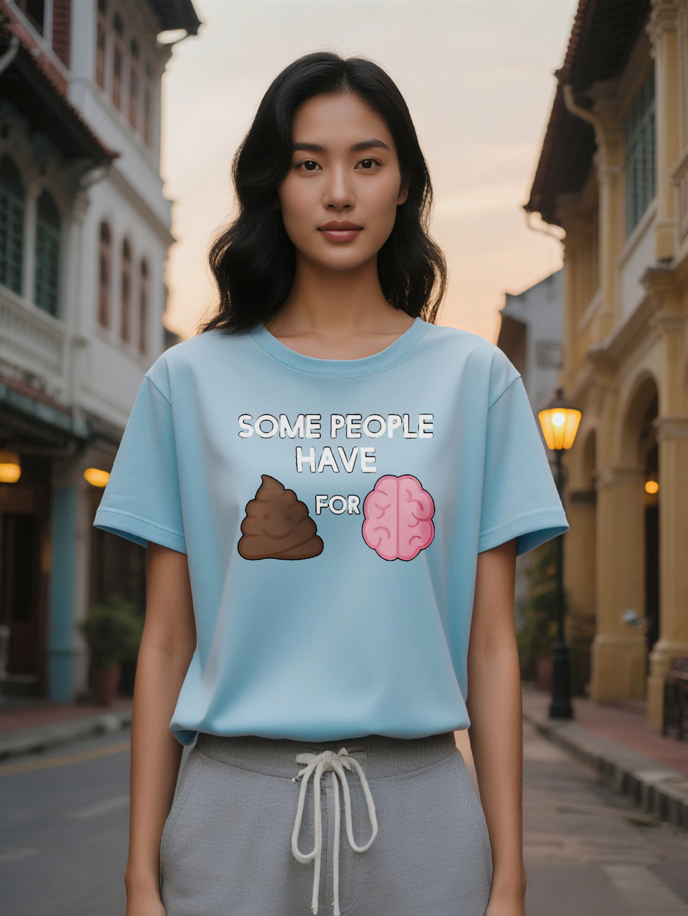 Lady Humorous Graphic T-Shirt Some People Have Poop Brain Design Black Casual Round Neck Summer Tee Washable