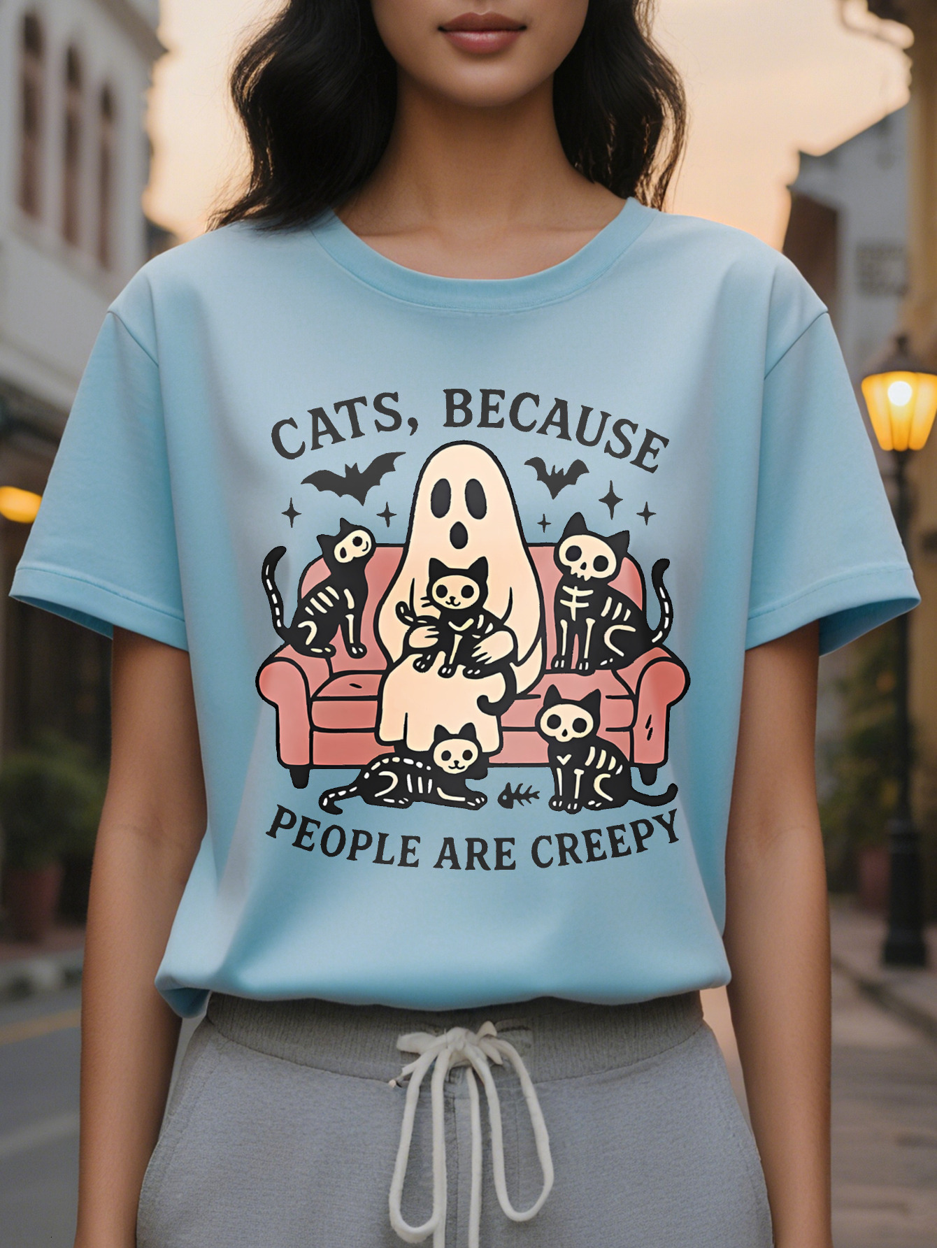 Ladies Funny Cats Because Humans are Too Weird Halloween Thanksgiving T-shirt Red Short Sleeve Casual Top Ghost