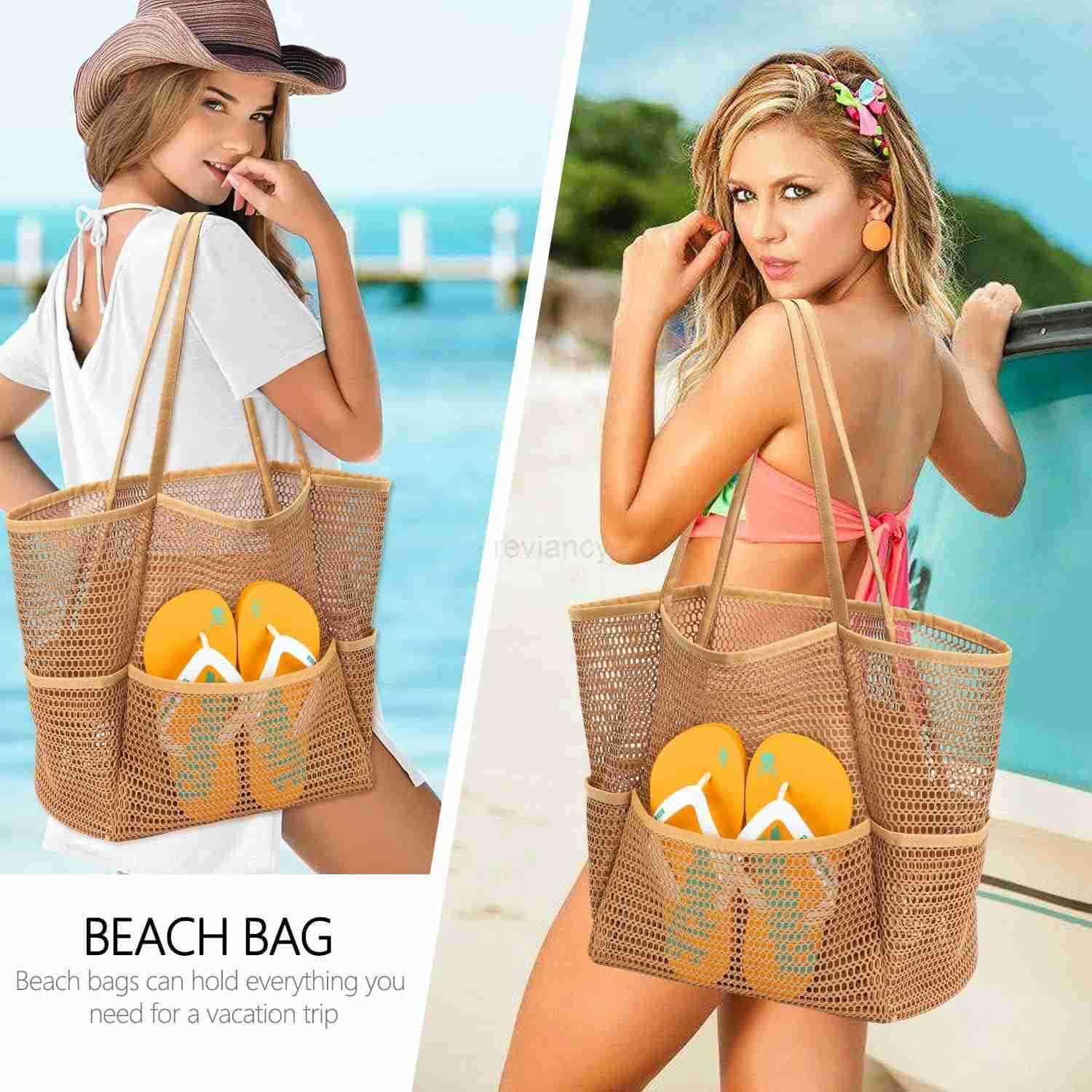 Mesh Beach Bag Tote Bag for Women Foldable Swim Large Beach Tote Bag with Zipper Pockets Waterproof SandproofW250904