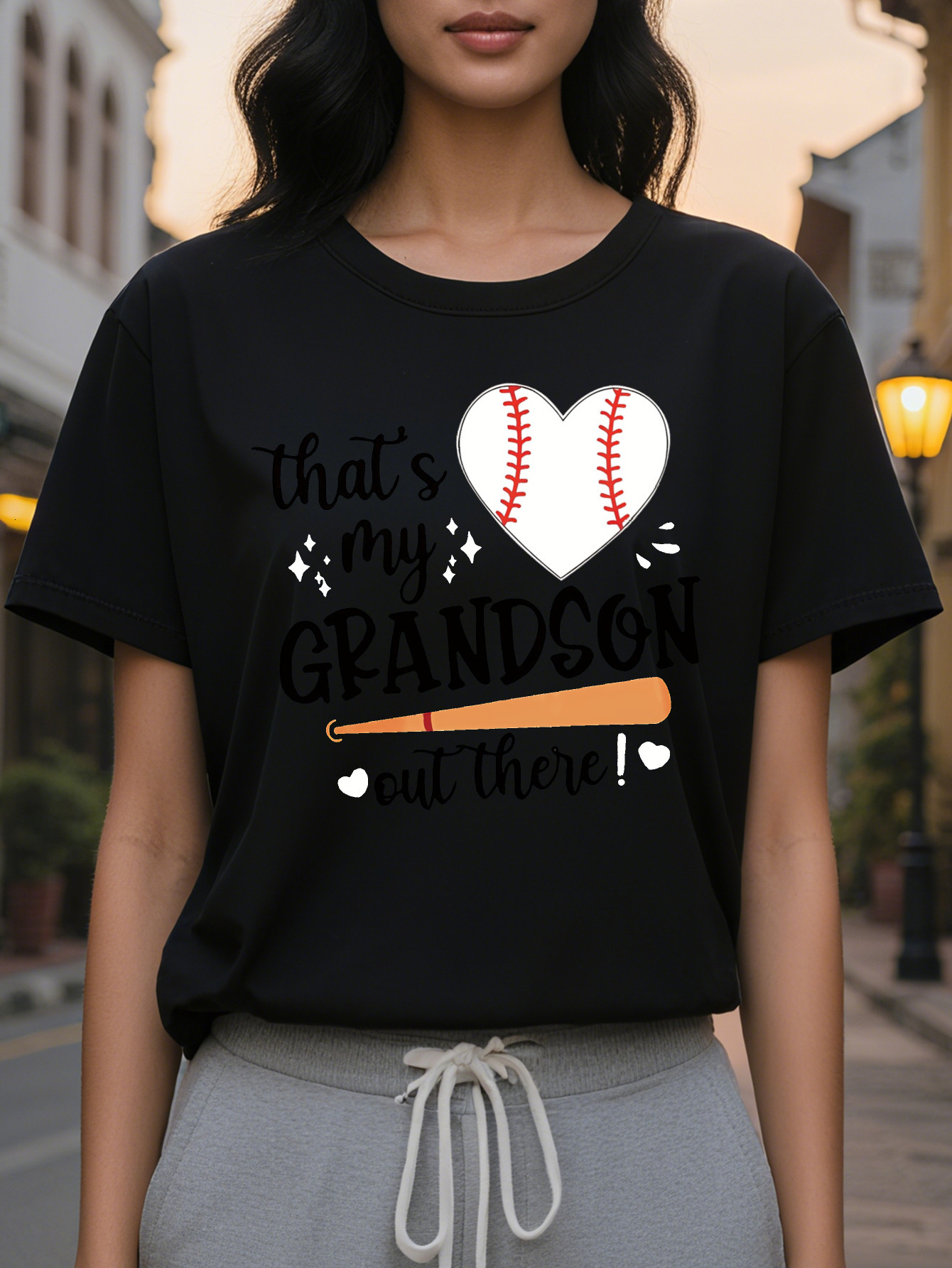 Large XL Tee Casual Red Women's T-Shirt That's My Grandson Out There Heart Design Perfect for Fans Baseball Fan Apparel Plus Size