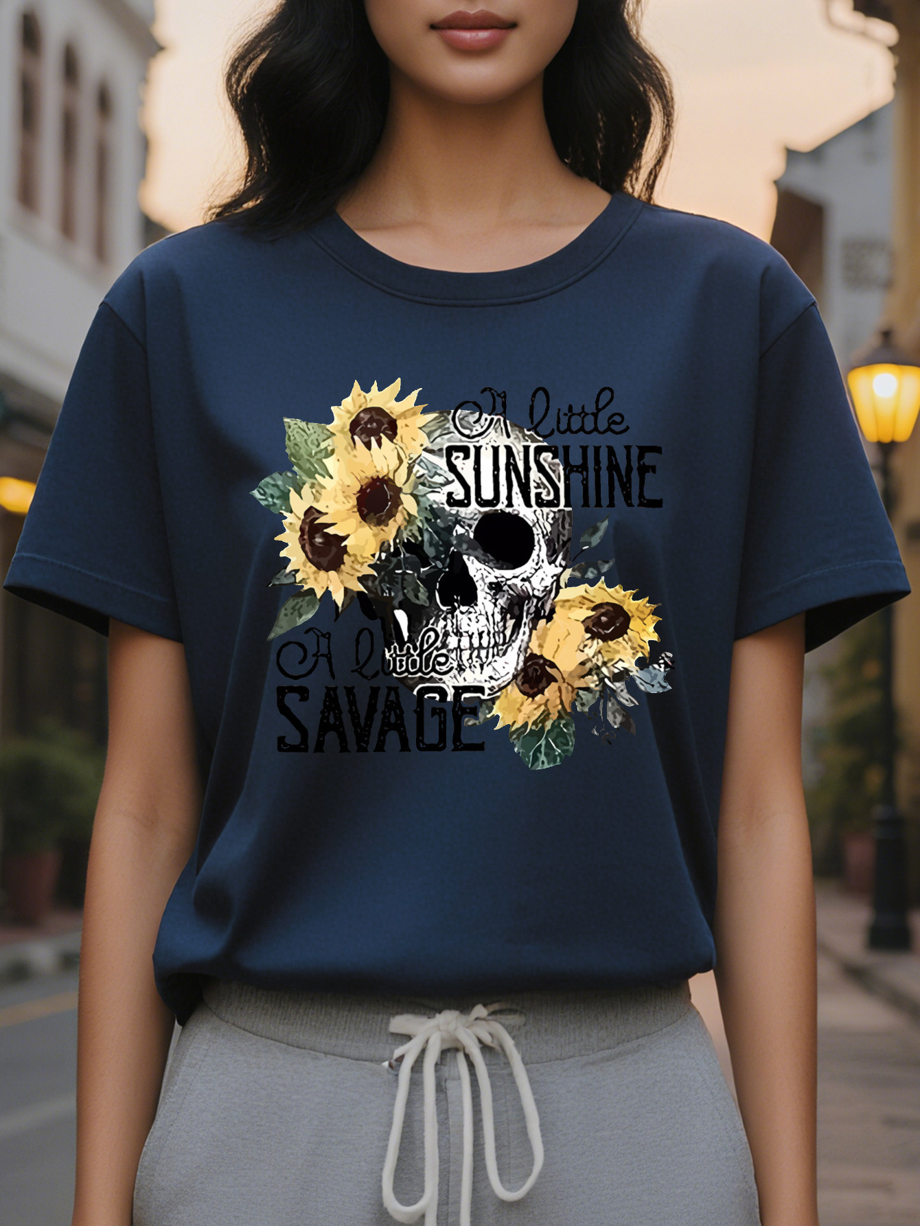 Women s Gothic Bohemian Style White T Shirt With Black Printing Plus Size Crew Neck Short Sleeve