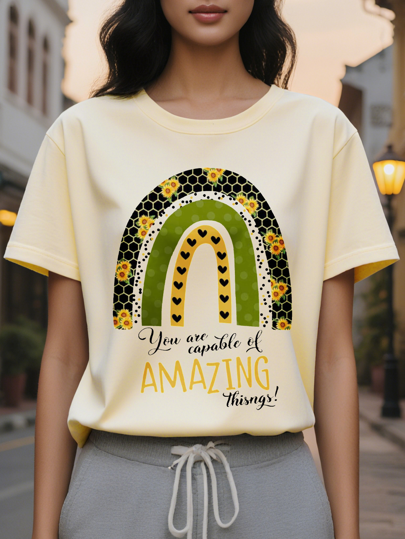 Women's T-shirt with design 'You Have the Ability to Do Amazing Things', featuring a rainbow floral pattern, round neck, and autumn sle