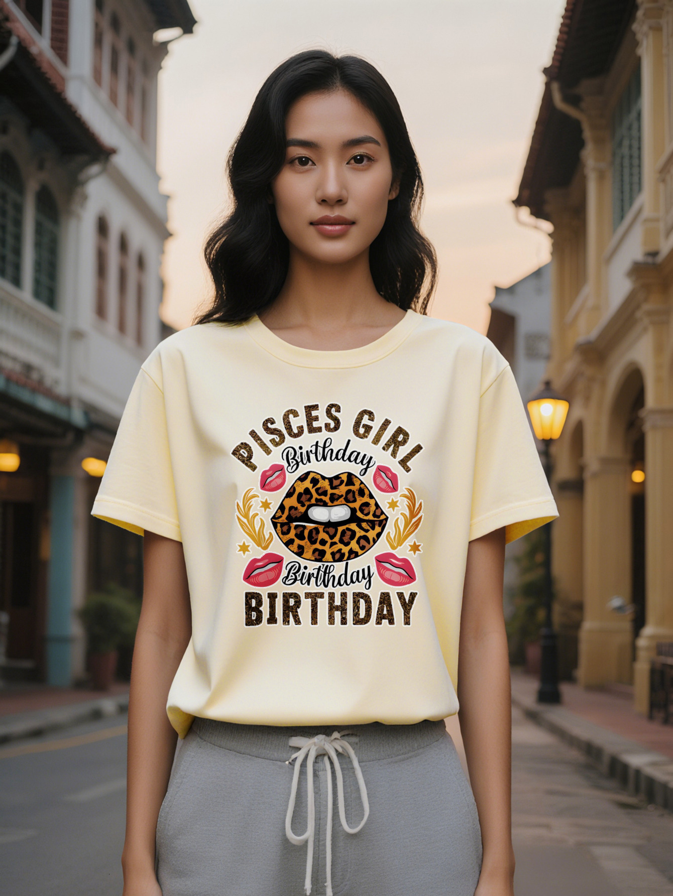 Large XL Lady Casual Crew Neck T-Shirt with Pisces Girl Birthday Graphic Black Leopard Print Lips Golden Text Design Summer Plus Size