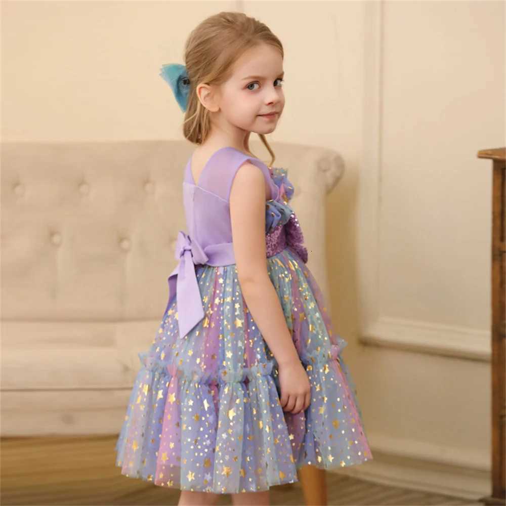 1-5 Years Toddler Kids Summer Princess Bow Dresses Sleeveless Lace Mesh Sequined Stars Colorful Tulle Dress Baby Girl Clothes Z250904
