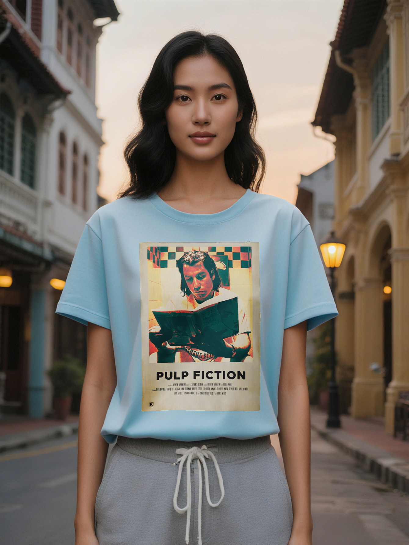 Large XL Women's Casual Crew Neck T-Shirt Pulp Fiction White with Black Print Short Sleeve Regular Fit Summer Tee Perfect Gift Plus Size