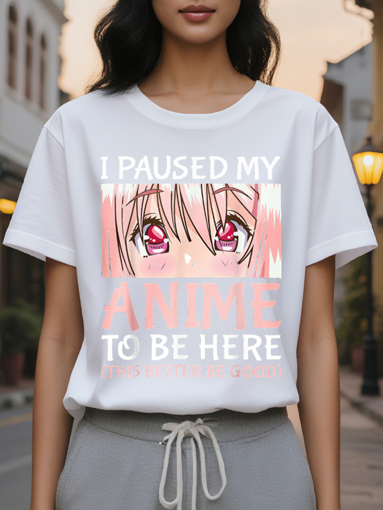 Large XL Women's I Paused My To Be Here Anime Graphic T Shirt Manga Character Face Pink Lettering Print Round Neck Short Plus Size