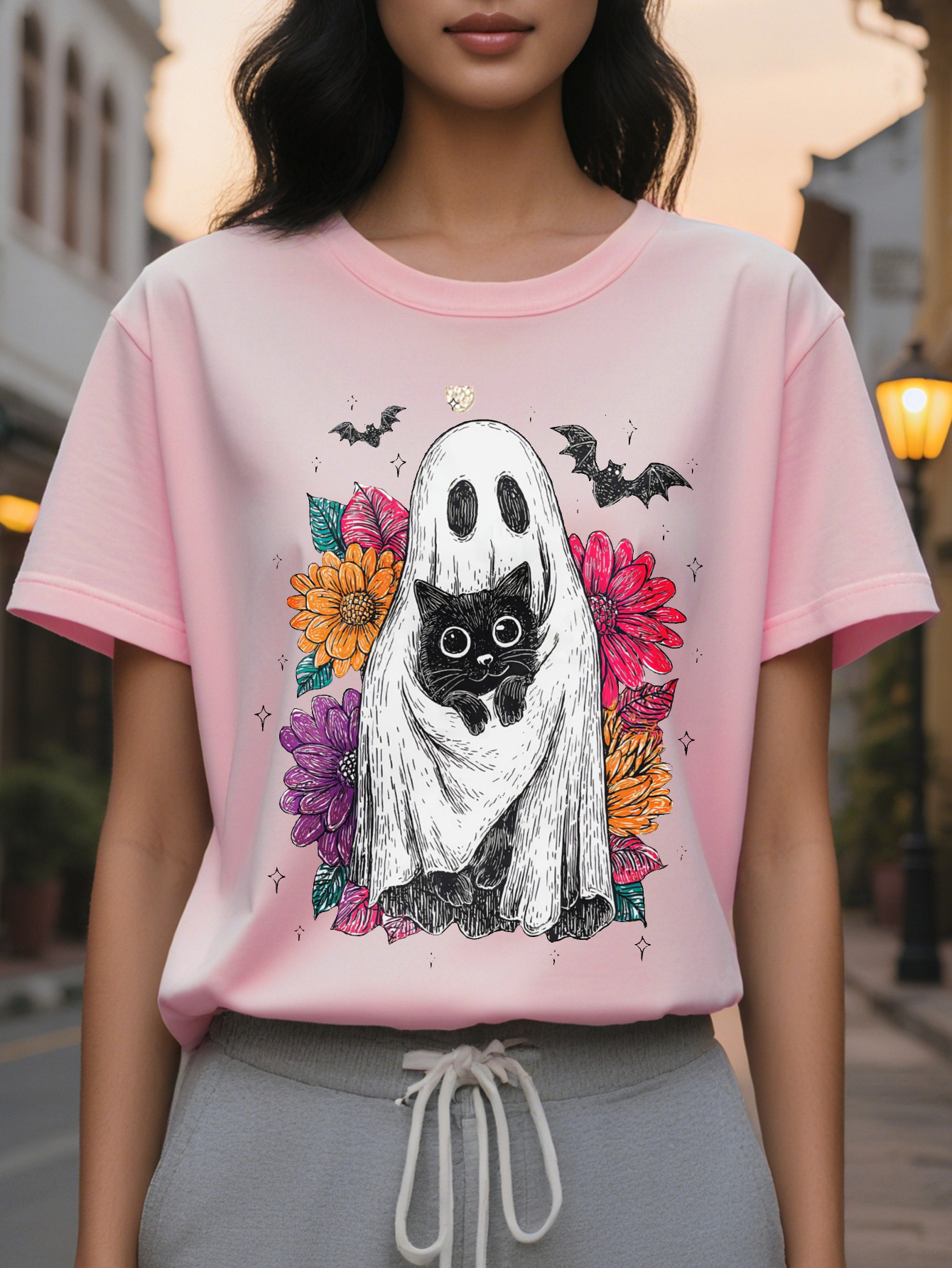 Large XL Women's Halloween Cute Black Cat Print T-Shirt Semi Sheer Round Neck Top with Bats Floral Design Spring Summer Plus Size